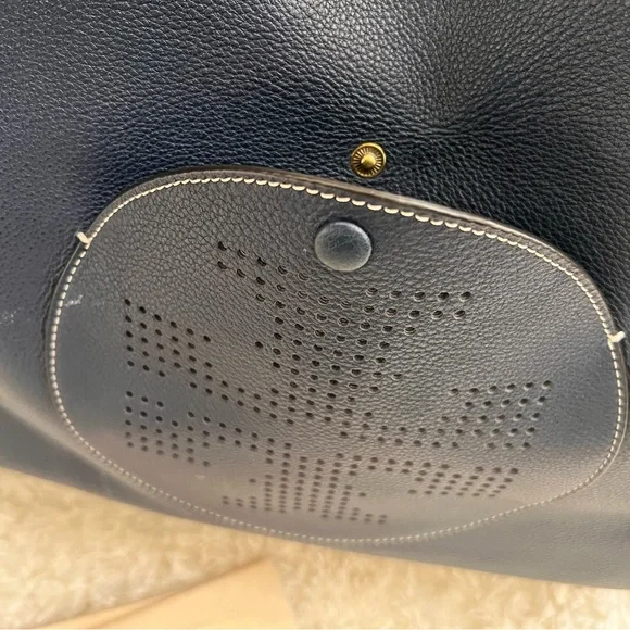 NWOT. Tory Burch Perforated Logo Tote Royal Navy and Cherry Apple Tote Bag - Picture 6 of 7